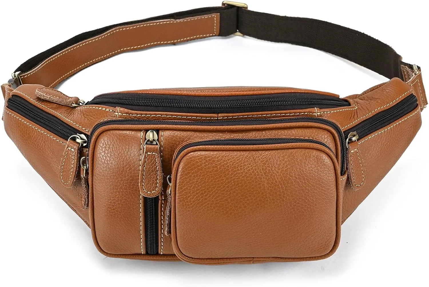 Men's Genuine Leather Waist Bag Multiple Pockets Messenger Shoulder Bag Casual Crossbody Hip Belt Bag for Outdoor Running Hiking and Travel (Light Brown)