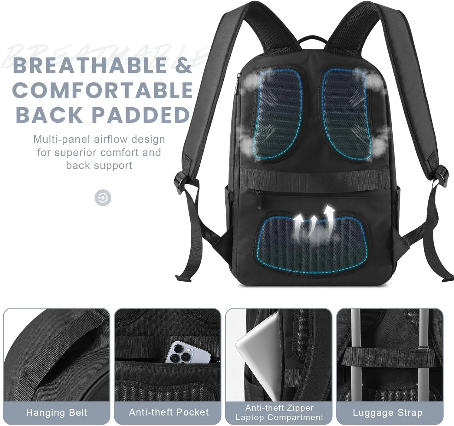 Mens Work Backpack, Black Backpack for Men Women, Bookbag for Men, Book Bag for School Teens, Travel Laptop Backpack Fits 15.6 Inch Notebook, Water Resistant Back Pack with Luggage Strap (Black)