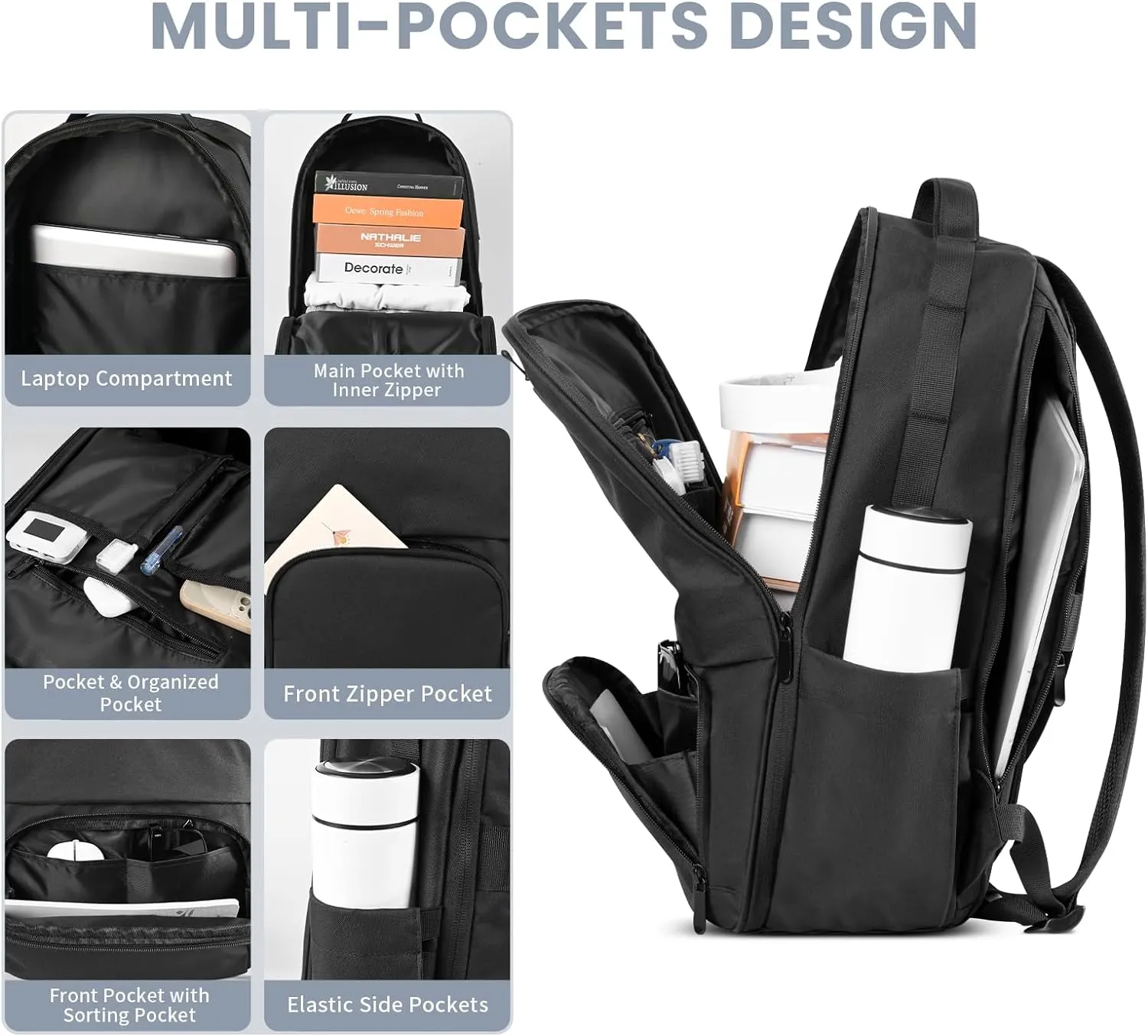 Mens Work Backpack, Black Backpack for Men Women, Bookbag for Men, Book Bag for School Teens, Travel Laptop Backpack Fits 15.6 Inch Notebook, Water Resistant Back Pack with Luggage Strap (Black)