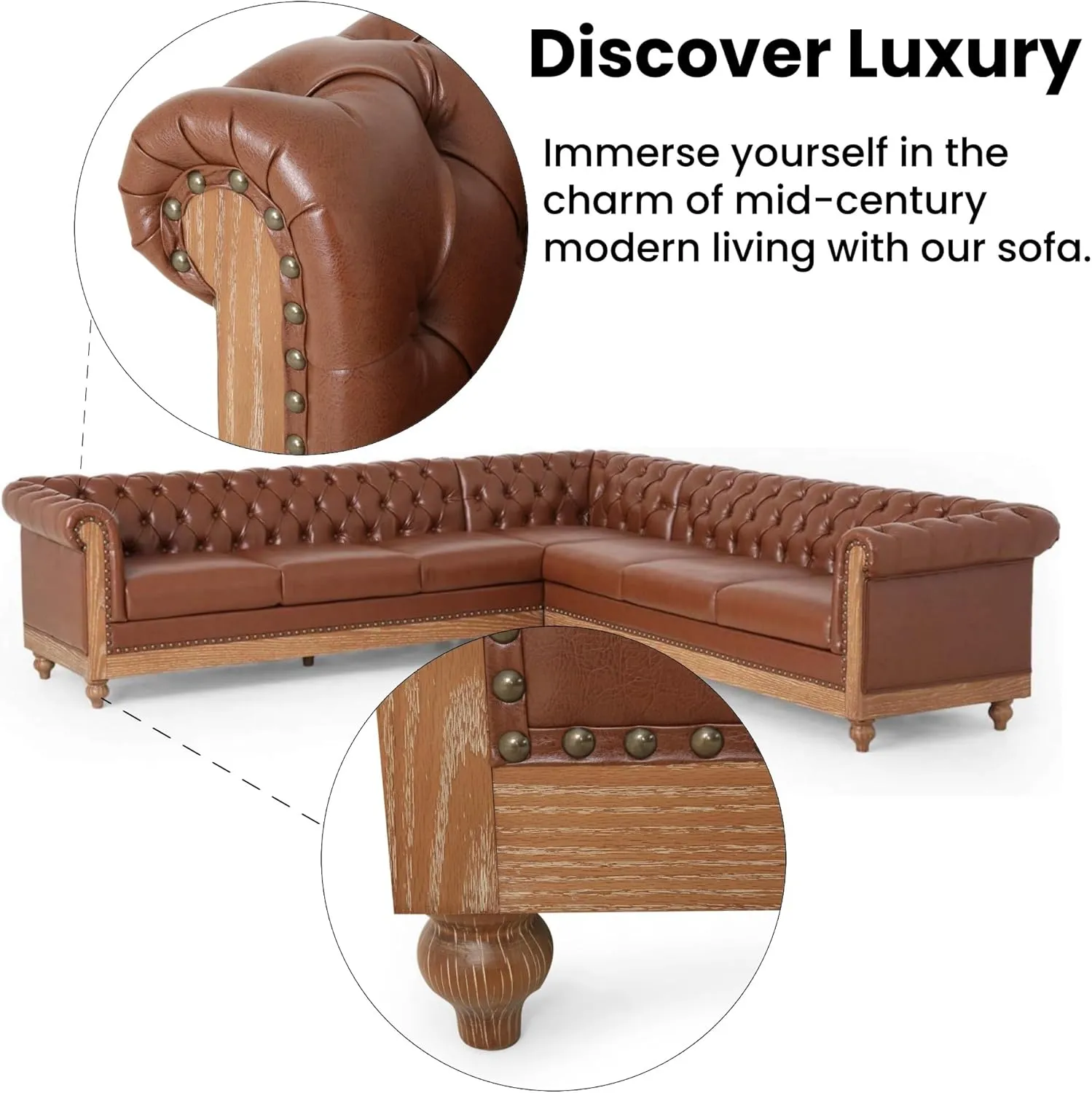 Merax PU Chesterfield Sofa, Retro Style Upholstered 6 Seat Leather Rolled Arm Couch for Living Room Bedroom, Light Brown