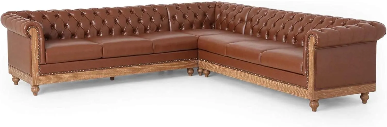 Merax PU Chesterfield Sofa, Retro Style Upholstered 6 Seat Leather Rolled Arm Couch for Living Room Bedroom, Light Brown
