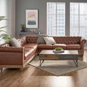 Merax PU Chesterfield Sofa, Retro Style Upholstered 6 Seat Leather Rolled Arm Couch for Living Room Bedroom, Light Brown