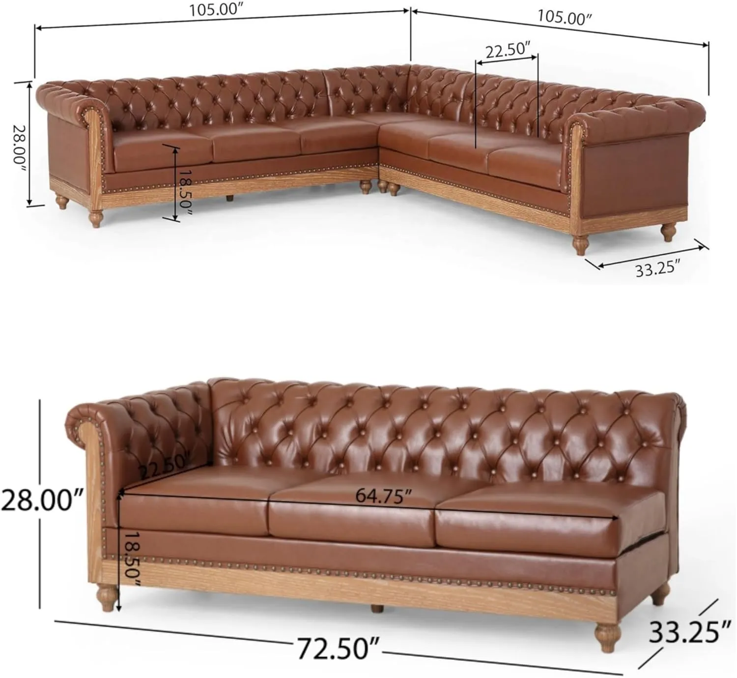 Merax PU Chesterfield Sofa, Retro Style Upholstered 6 Seat Leather Rolled Arm Couch for Living Room Bedroom, Light Brown