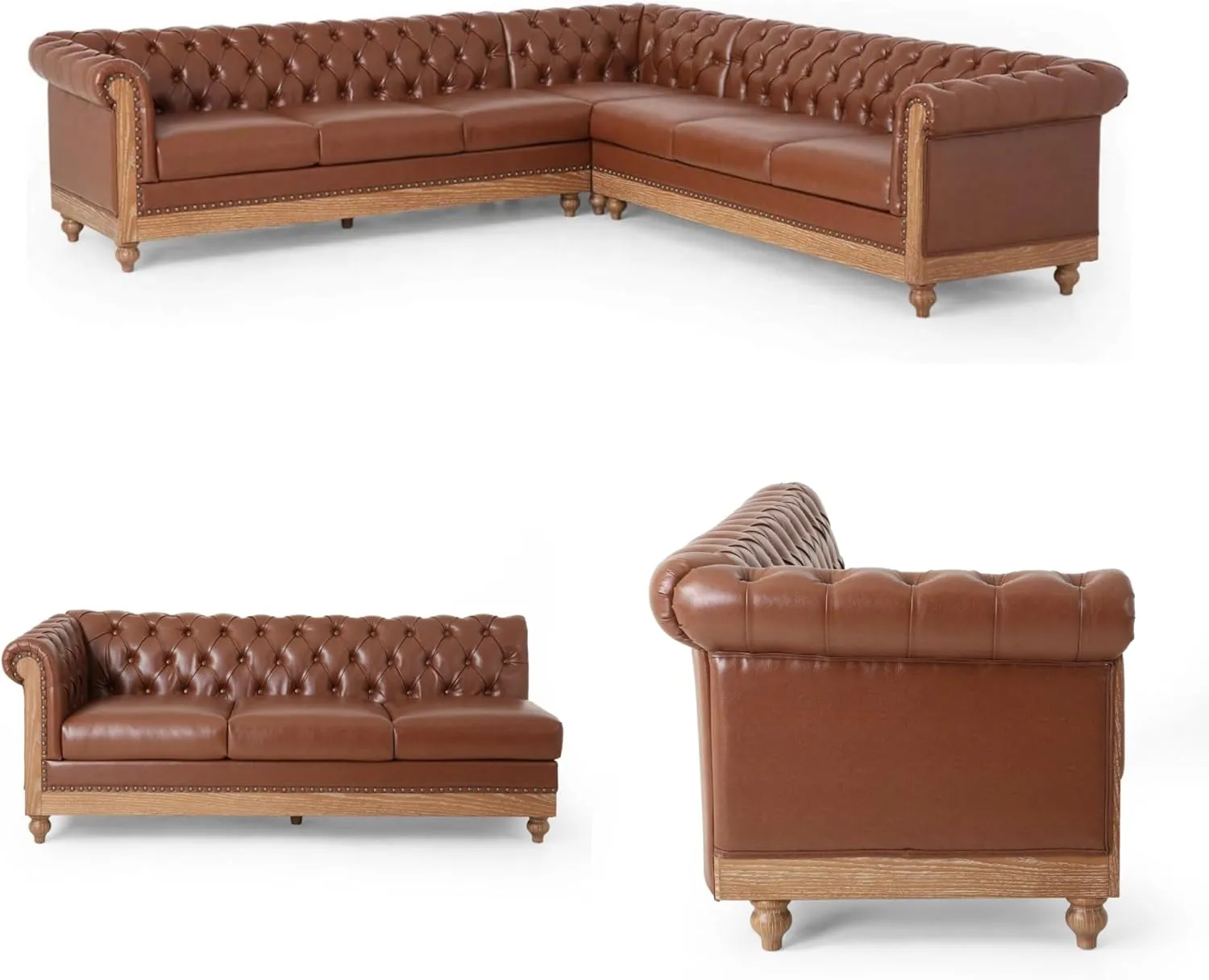 Merax PU Chesterfield Sofa, Retro Style Upholstered 6 Seat Leather Rolled Arm Couch for Living Room Bedroom, Light Brown