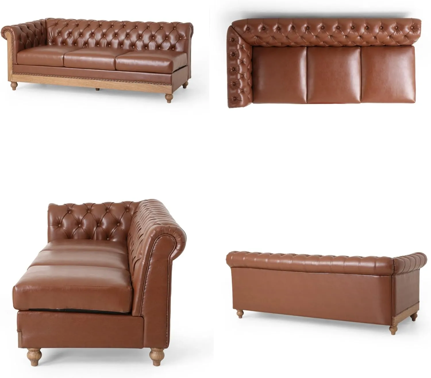 Merax PU Chesterfield Sofa, Retro Style Upholstered 6 Seat Leather Rolled Arm Couch for Living Room Bedroom, Light Brown