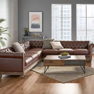 Merax PU Chesterfield Sofa, Retro Upholstered 6 Seater Leather Rolled Arm Couch for Living Room Bedroom, Dark Brown