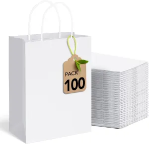 MESHA 100 Pack White Gift Bags 8x4.25x10.5 Inch Kraft Paper Bags with Handles Bulk Craft Bag Medium Size for Wending Birthday Party Favor Retail Merchandise Bag