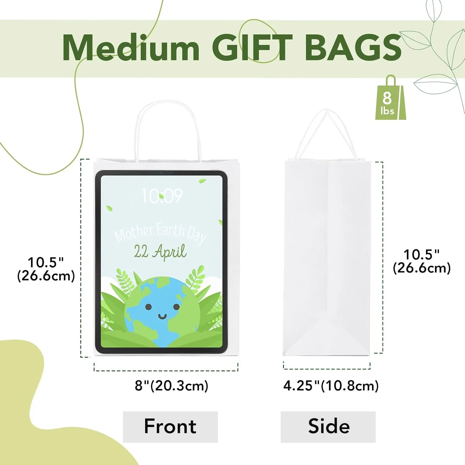 MESHA 100 Pack White Gift Bags 8x4.25x10.5 Inch Kraft Paper Bags with Handles Bulk Craft Bag Medium Size for Wending Birthday Party Favor Retail Merchandise Bag