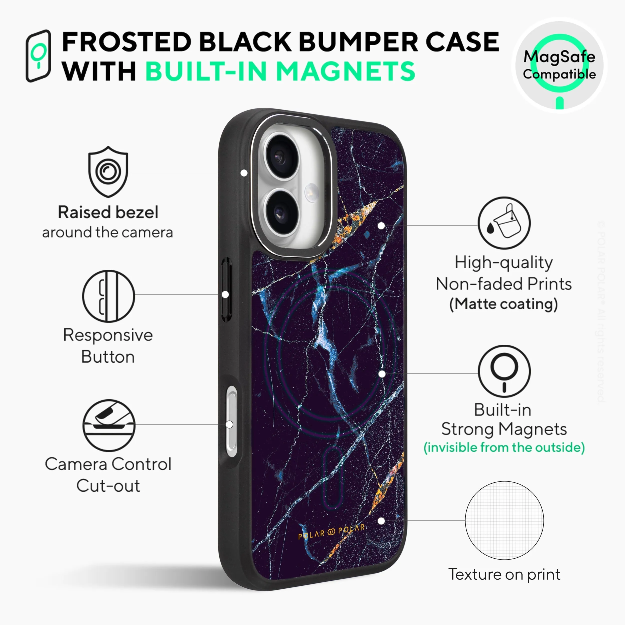 Midnight Marble - iPhone 16 Plus Frosted Black Bumper MagSafe Case