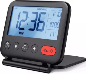 Mini Portable Digital Travel Alarm Clock with LCD Backlight Calendar Temperature 12/24H Makeup Bedroom Desk