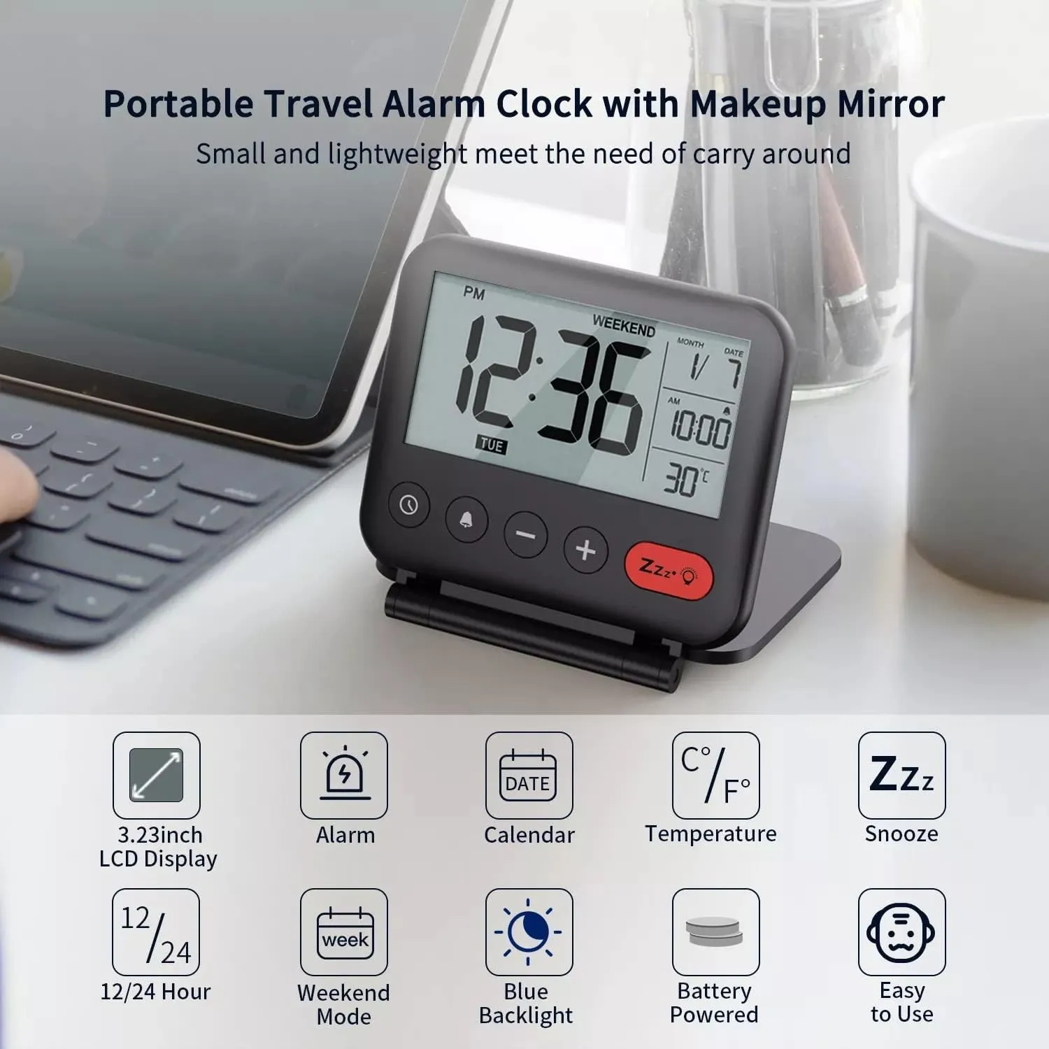 Mini Portable Digital Travel Alarm Clock with LCD Backlight Calendar Temperature 12/24H Makeup Bedroom Desk