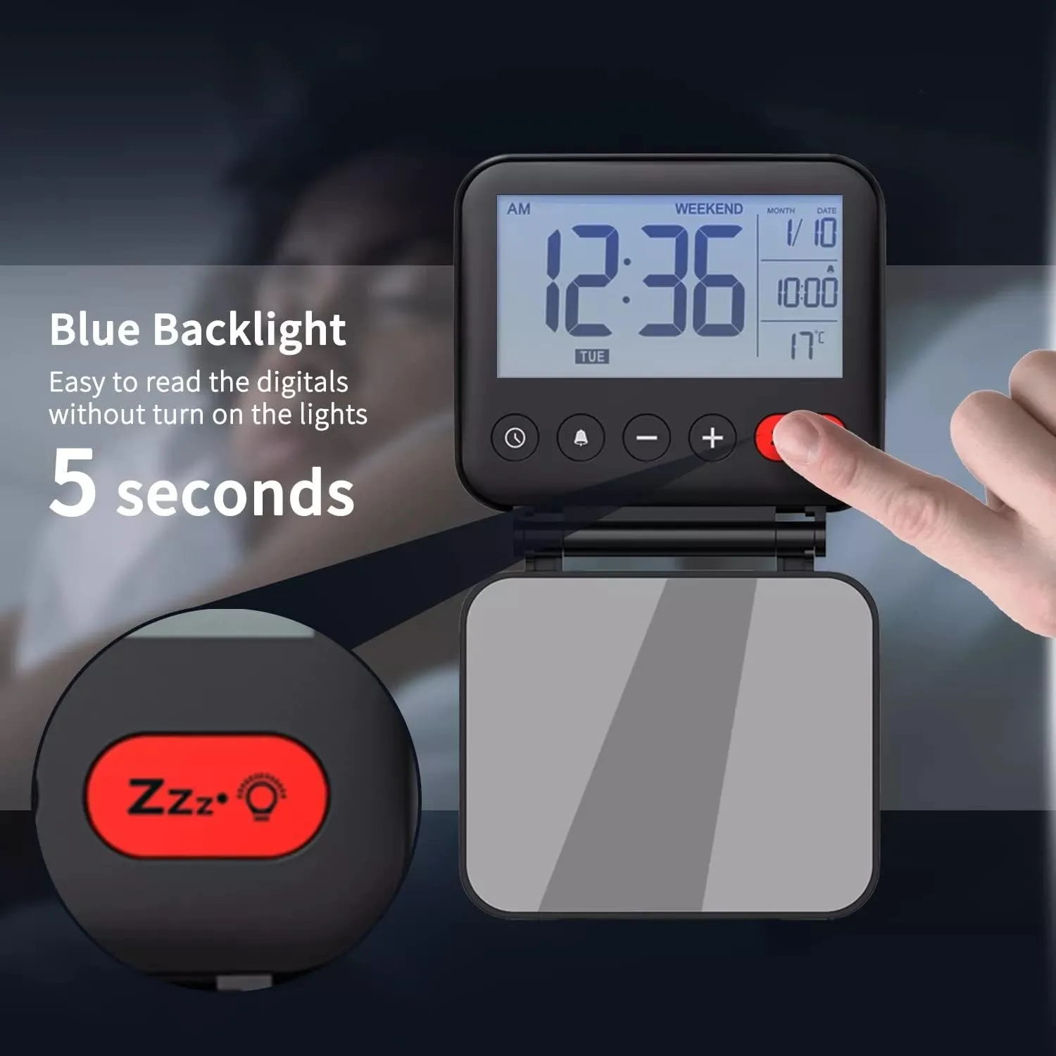 Mini Portable Digital Travel Alarm Clock with LCD Backlight Calendar Temperature 12/24H Makeup Bedroom Desk