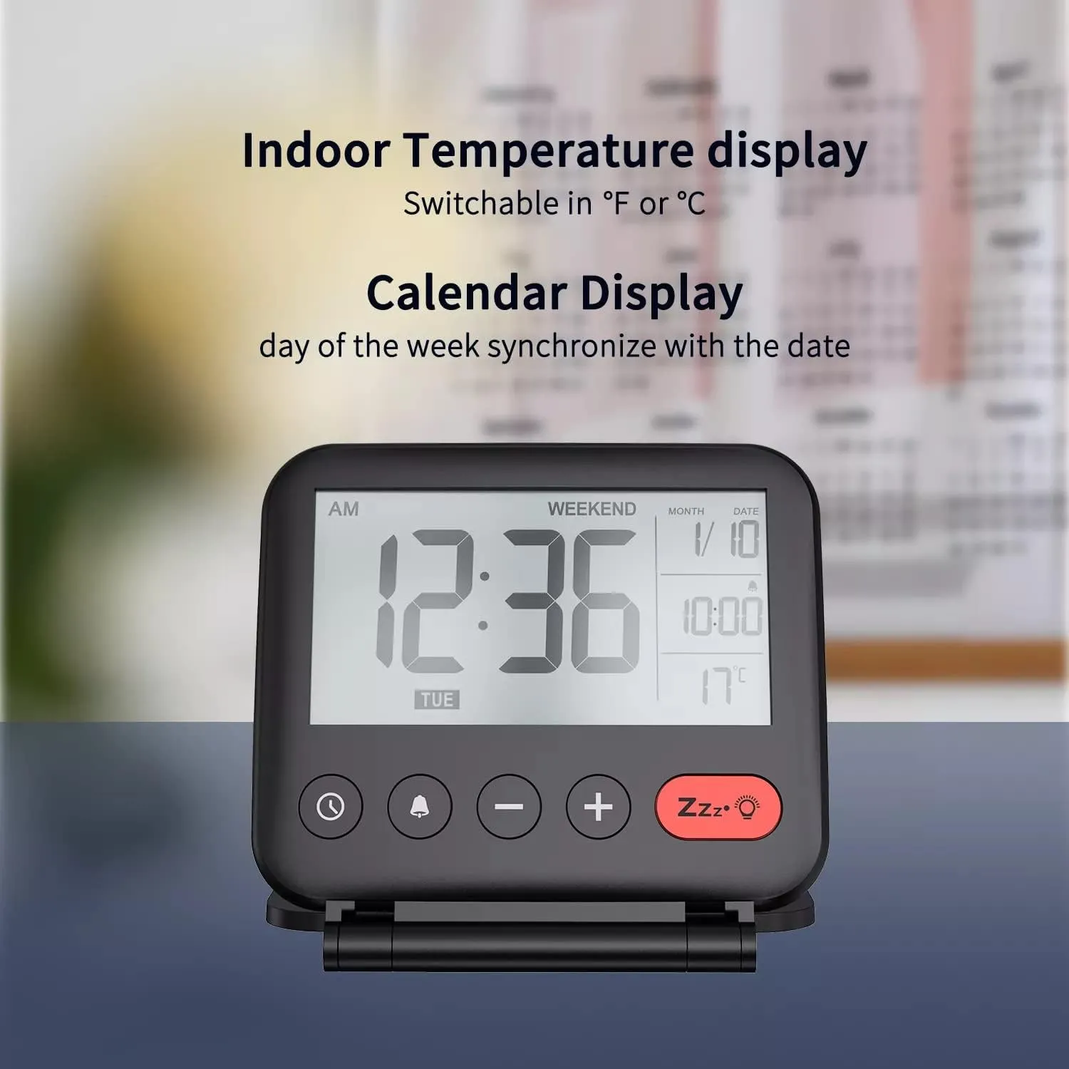Mini Portable Digital Travel Alarm Clock with LCD Backlight Calendar Temperature 12/24H Makeup Bedroom Desk