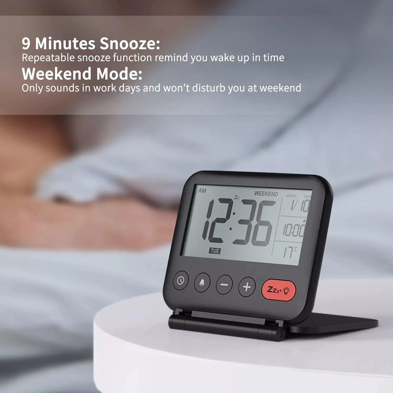 Mini Portable Digital Travel Alarm Clock with LCD Backlight Calendar Temperature 12/24H Makeup Bedroom Desk