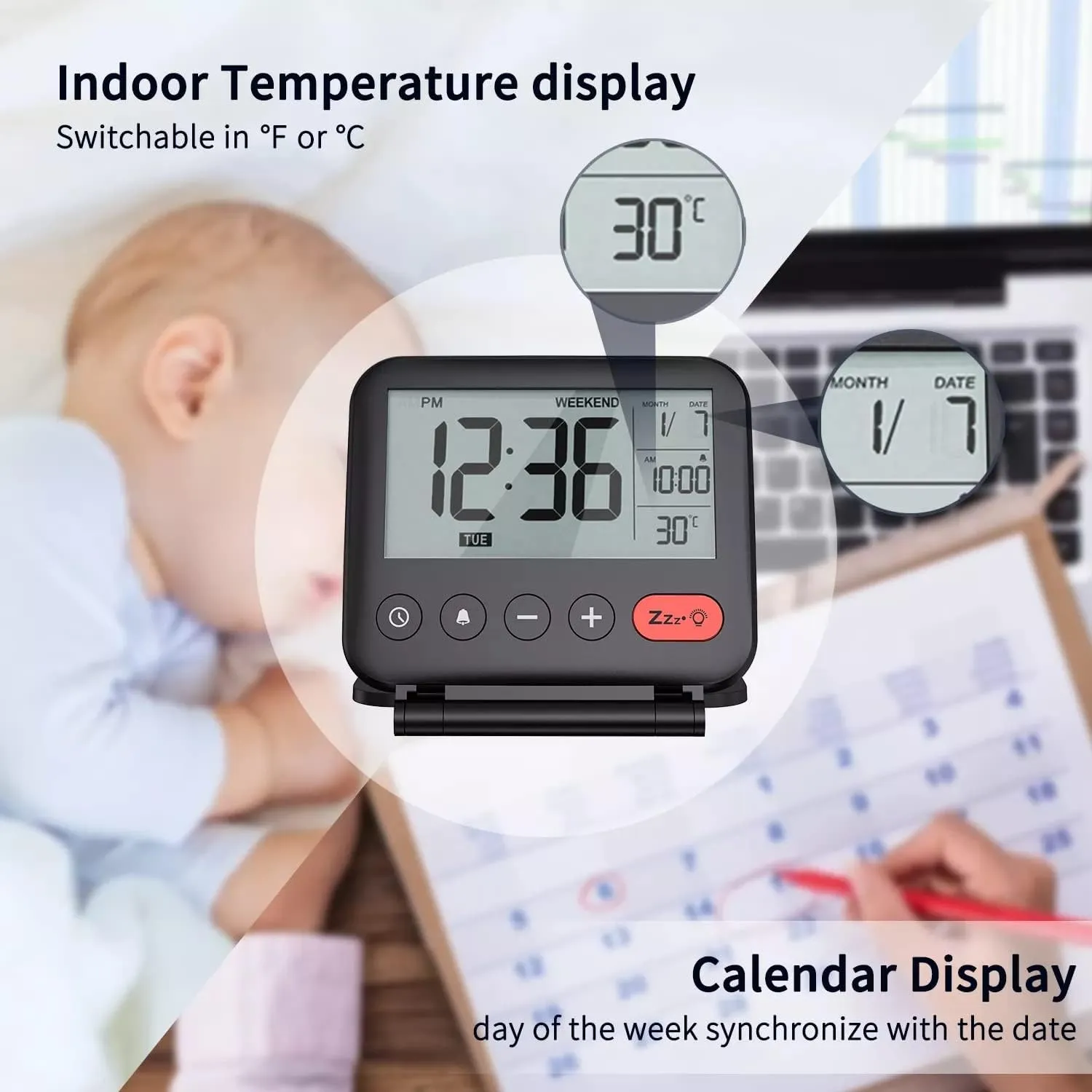 Mini Portable Digital Travel Alarm Clock with LCD Backlight Calendar Temperature 12/24H Makeup Bedroom Desk