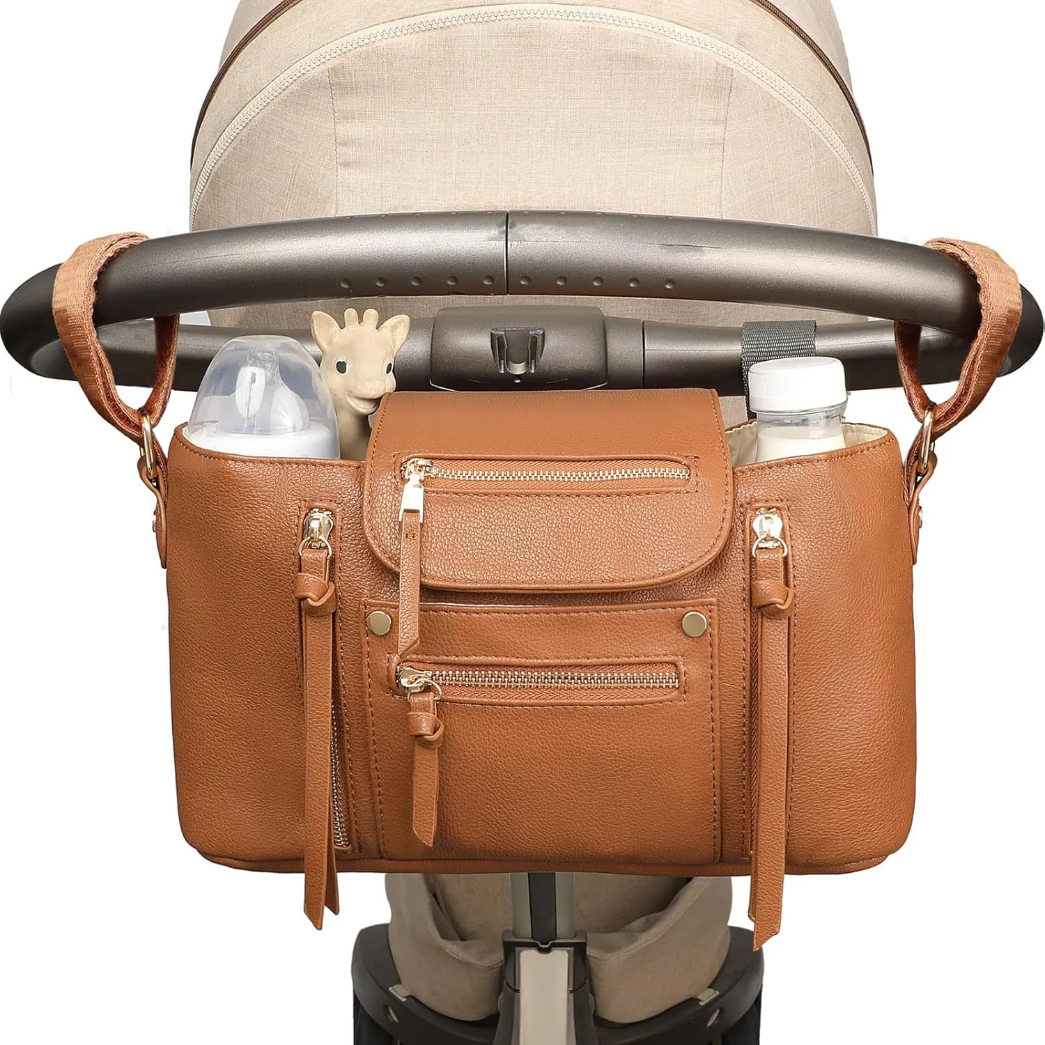 miss fong Stroller Organizer with Insulated Cup Holder Stroller Caddy Stroller Accessory Bag Stroller Storage Stroller Bag with Adjustable Strap to Fit All Strollers (Brown)