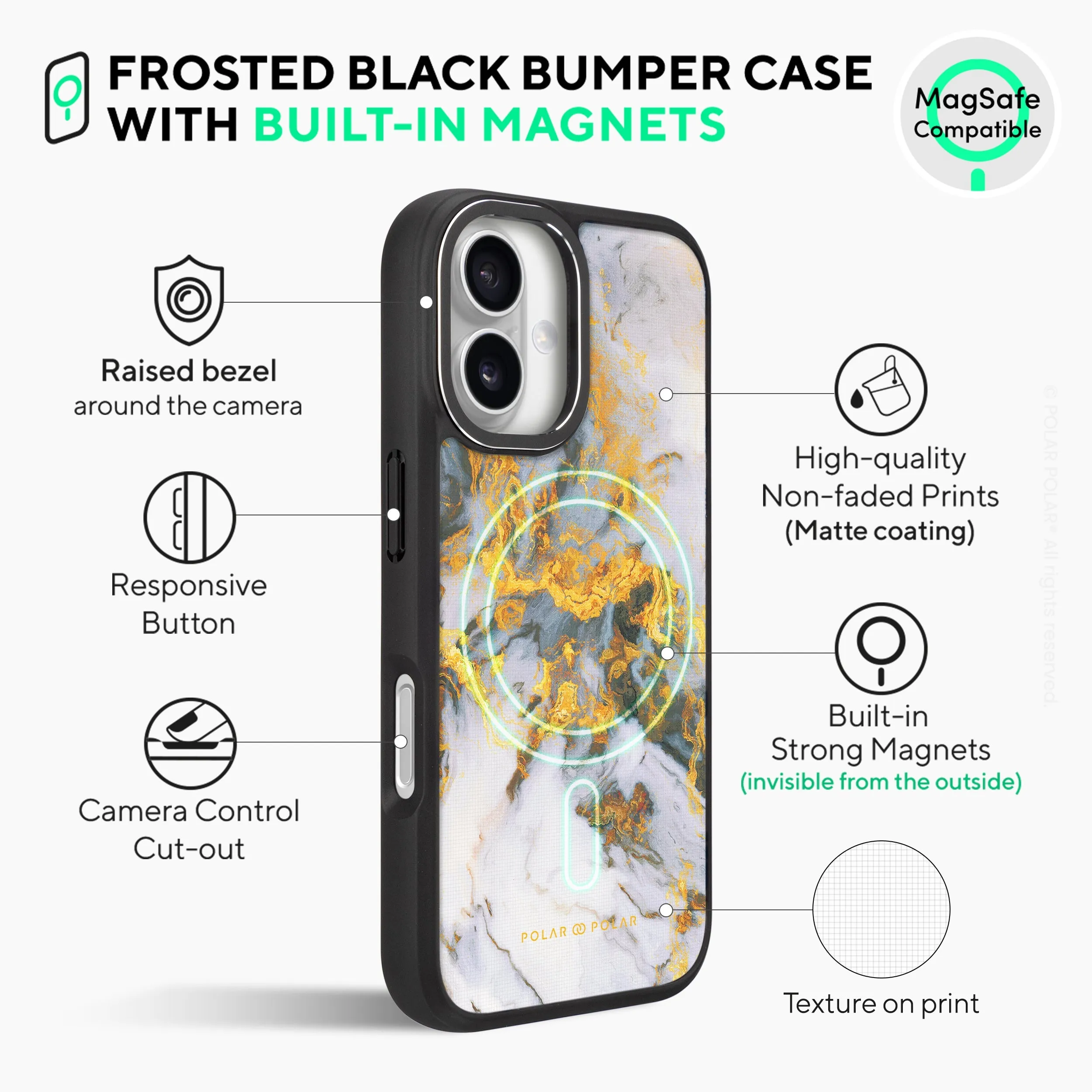 Mist Marble - iPhone 16 Frosted Black Bumper MagSafe Case