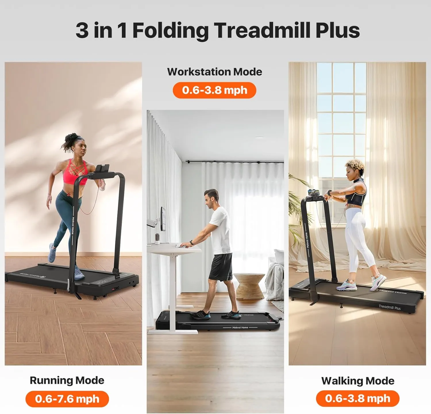 Mobvoi Home Treadmill Walking Pad/SE/Plus 3 in 1 Folding Treadmill Walking Pad 2.5 HP Compact Running Walking Machine with Remote Control for Home Office 265 LBS 7.6 MPH