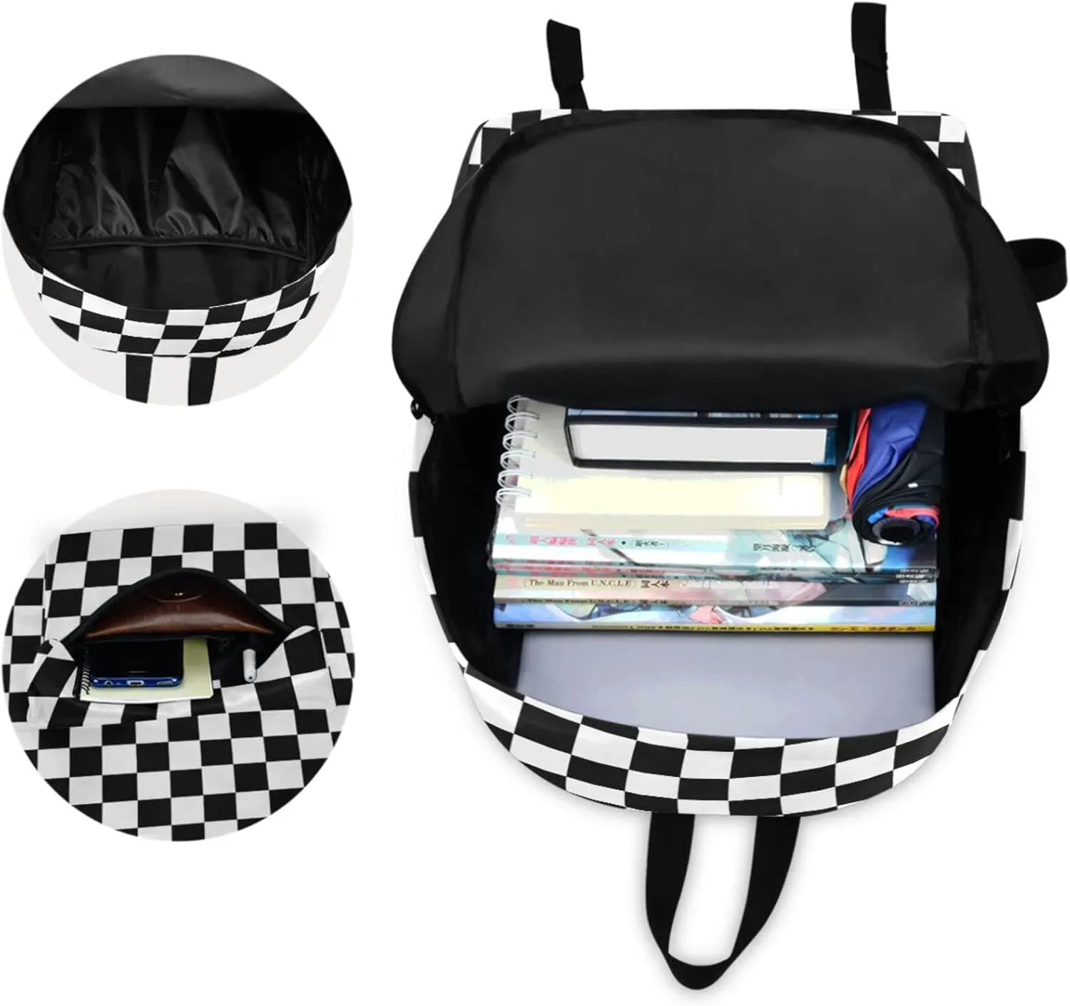 Modern Black White Checks Pattern Large Laptop Backpack,Durable Portable Travel Bag for Boys Girls School Bookbag Work Fit 16.5 Inch Notebook