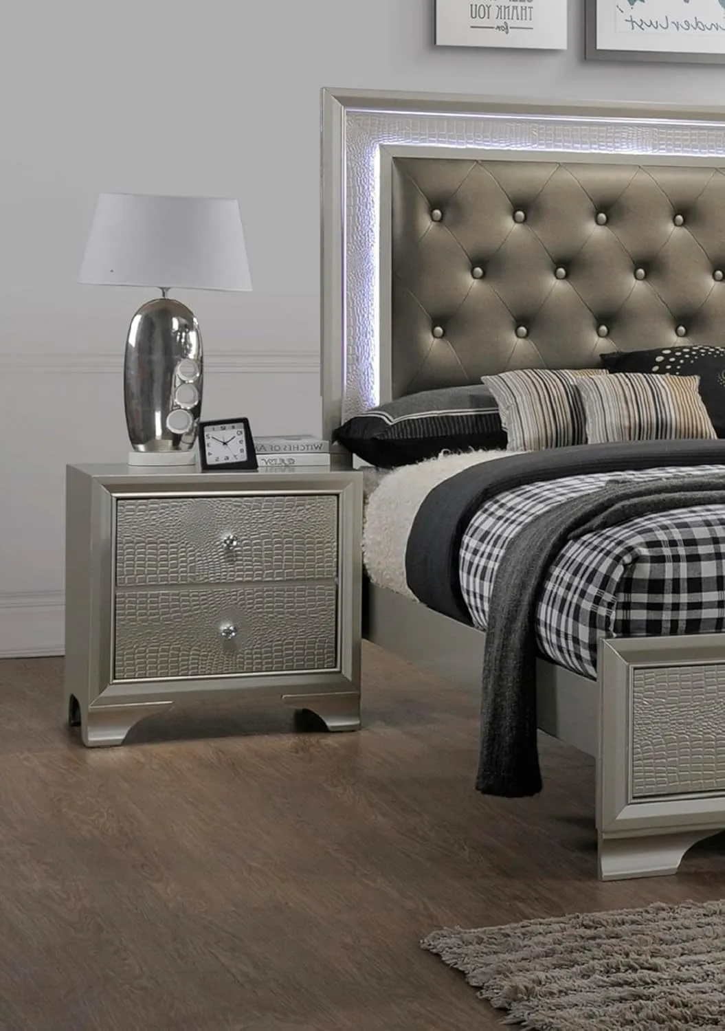 Modern Glam Nightstand with Champagne Finish, Embossed Crocodile Pattern, Two Spacious Drawers for Comfort and Style