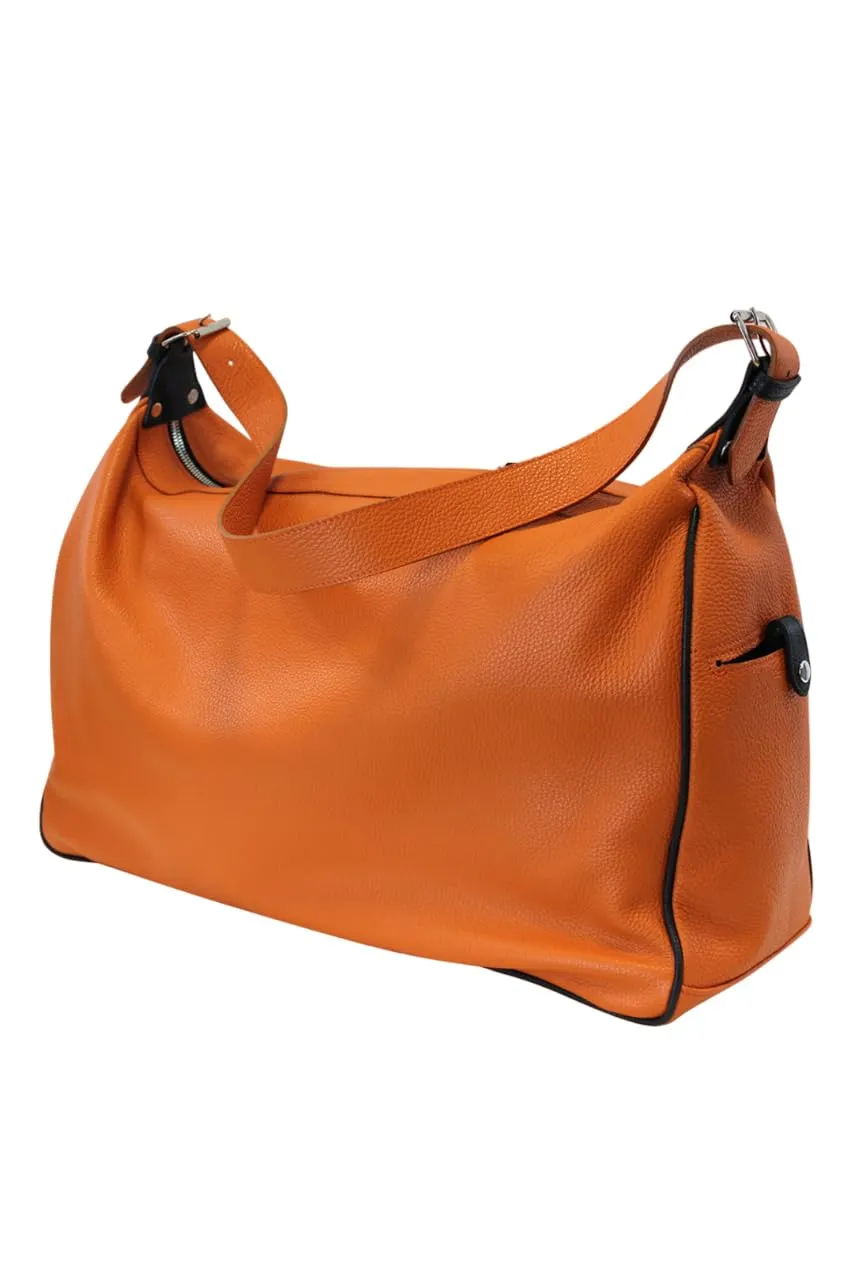 Modern Sports Leather Bag | Handmade to Order in Italy, Soft Pebble-Grain Leather | Duffle Sport Purse Shoulder Bag (Orange & Black)