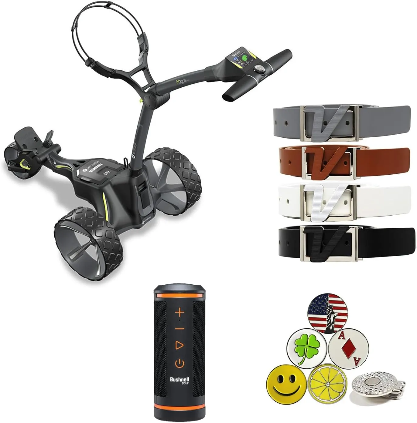 Motocaddy M3 GPS DHC Electric Caddy Cart, NO REMOTE, bundle with Holders for Umbrella/Scorecard/Drink, Device Cradle, Bushnell Wingman, Volvik Leather Belts, 5 Ball Markers & 1 Magnetic Hat Clip