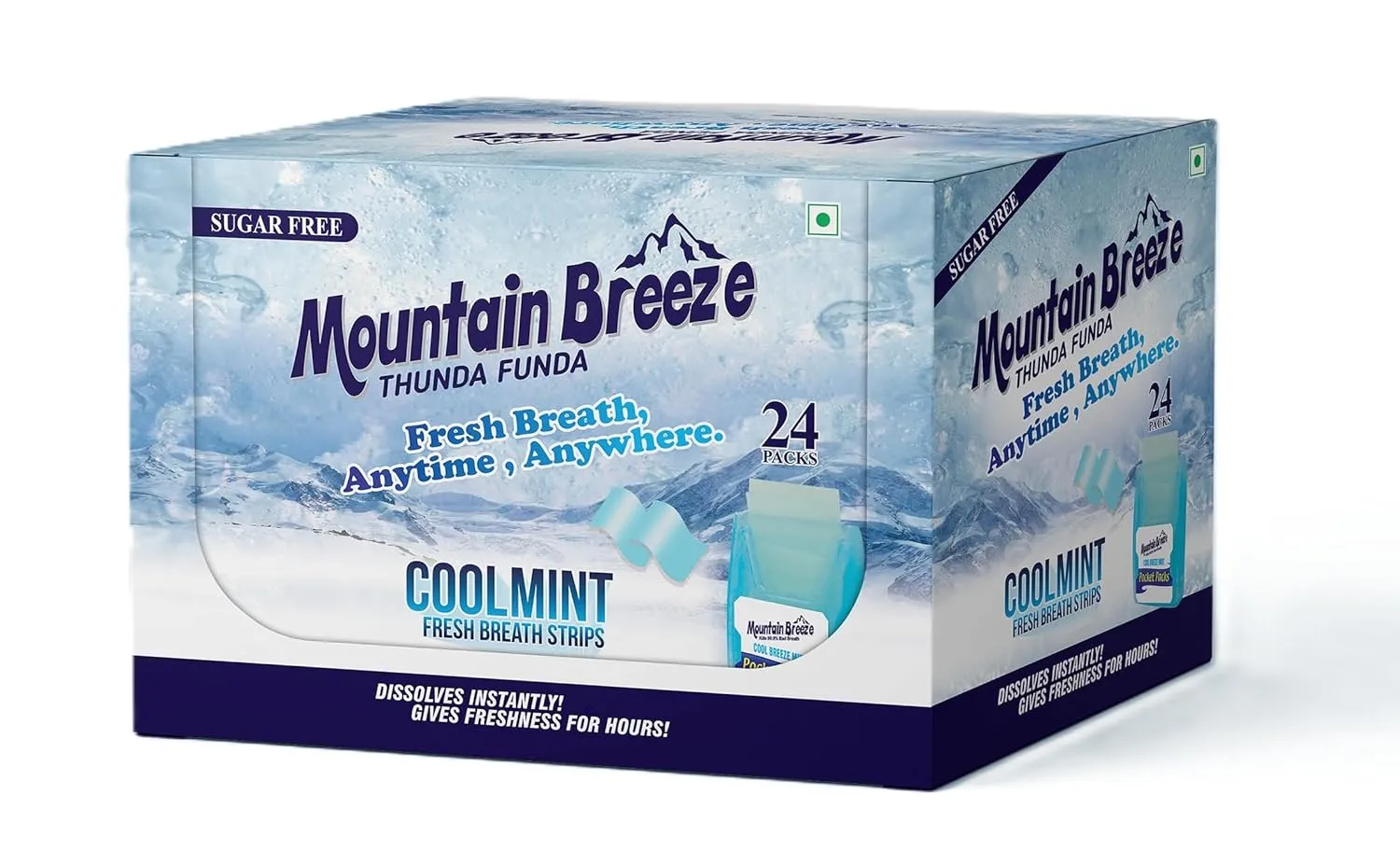 Mountain Breeze Oral Hygiene Mouth Freshener Sugar Free Cool Mint Flavoured Breath Strips (24 Strips each Cassatte)-Pack of 24