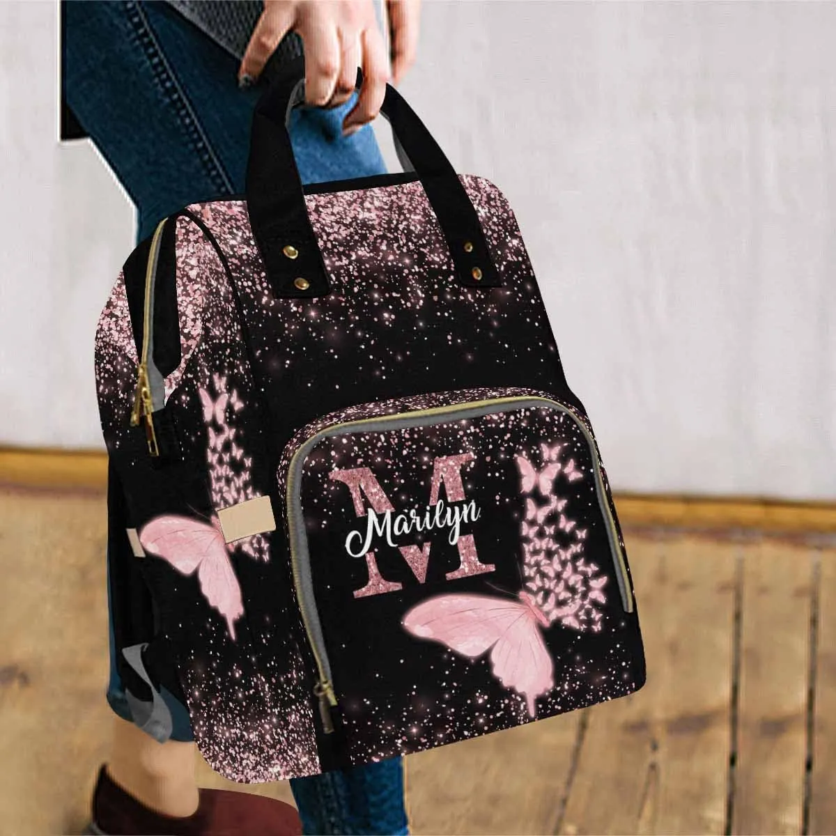 MyPupSocks Customize Butterfly Backpack for Girls, Personalized Monogram Diapering Bag Backpack Nappy Baby Bags Casual Daypack Travel Shoulder Bag for Unisex Hiking Camping Work Outdoor