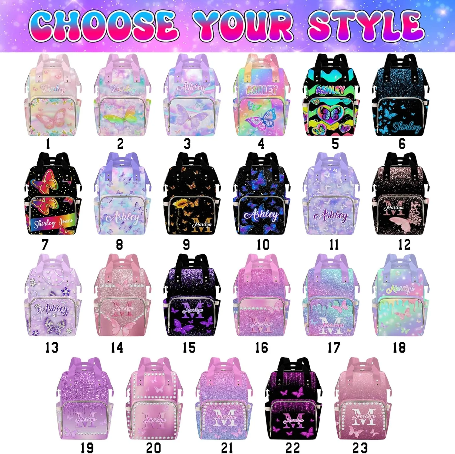 MyPupSocks Customize Butterfly Backpack for Girls, Personalized Monogram Diapering Bag Backpack Nappy Baby Bags Casual Daypack Travel Shoulder Bag for Unisex Hiking Camping Work Outdoor