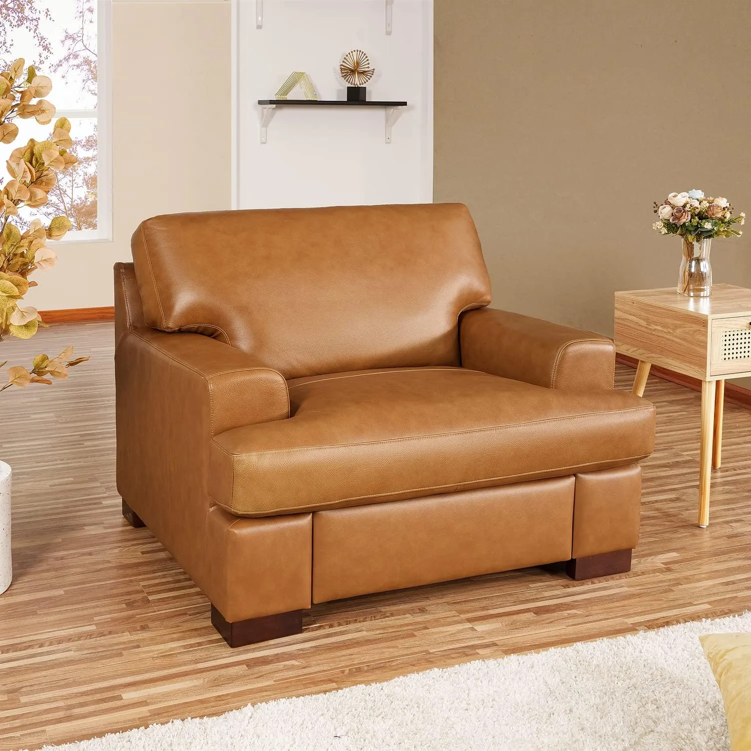 Naomi Home Siggy Genuine Leather Accent Chair - Luxurious Comfort, Goose Feather Cushion Filling, Square Arm Design, Sturdy Block Legs, Elegant Tan - Ideal for Living Room, Office, or Bedroom