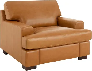 Naomi Home Siggy Genuine Leather Accent Chair - Luxurious Comfort, Goose Feather Cushion Filling, Square Arm Design, Sturdy Block Legs, Elegant Tan - Ideal for Living Room, Office, or Bedroom