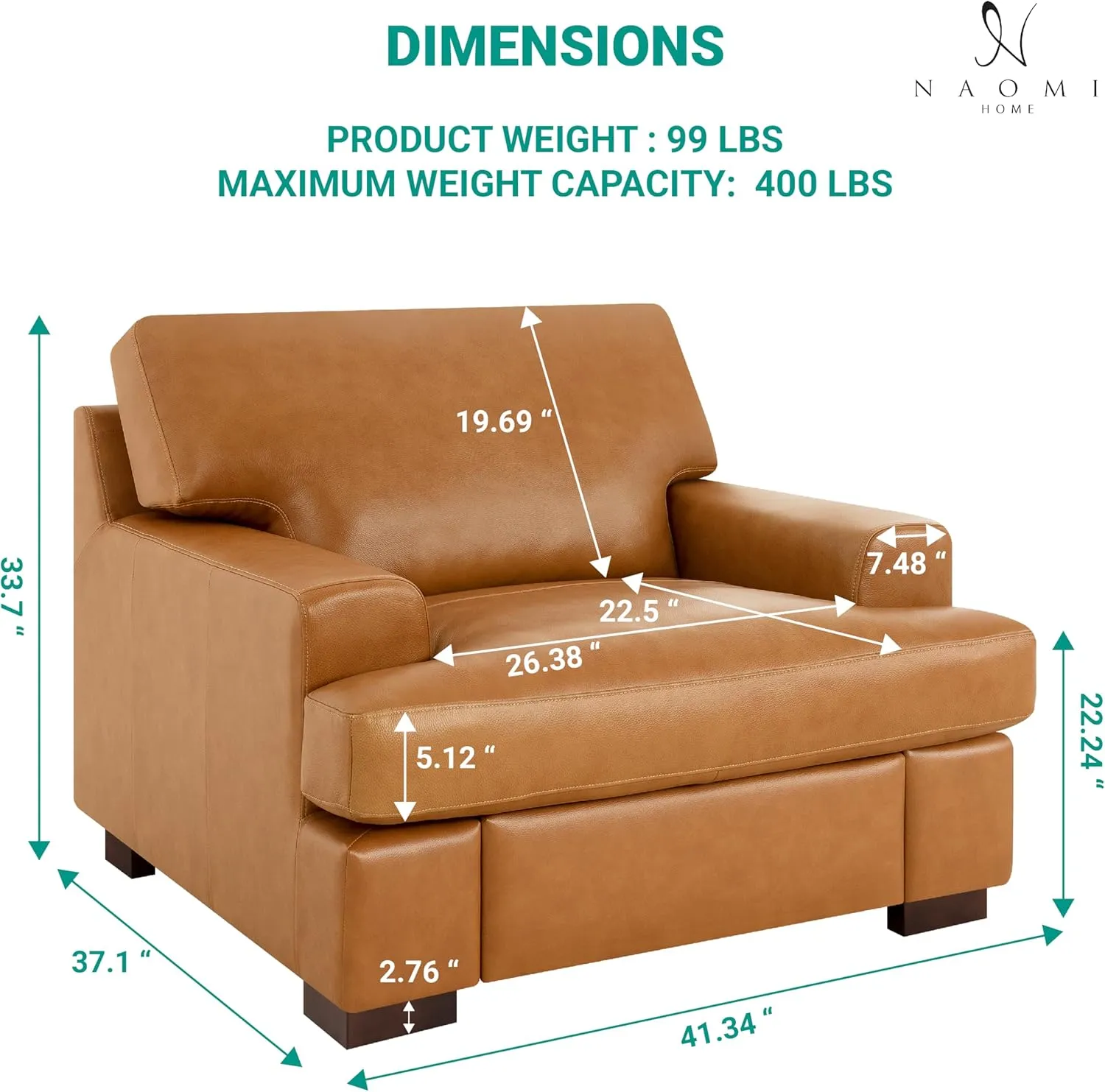 Naomi Home Siggy Genuine Leather Accent Chair - Luxurious Comfort, Goose Feather Cushion Filling, Square Arm Design, Sturdy Block Legs, Elegant Tan - Ideal for Living Room, Office, or Bedroom