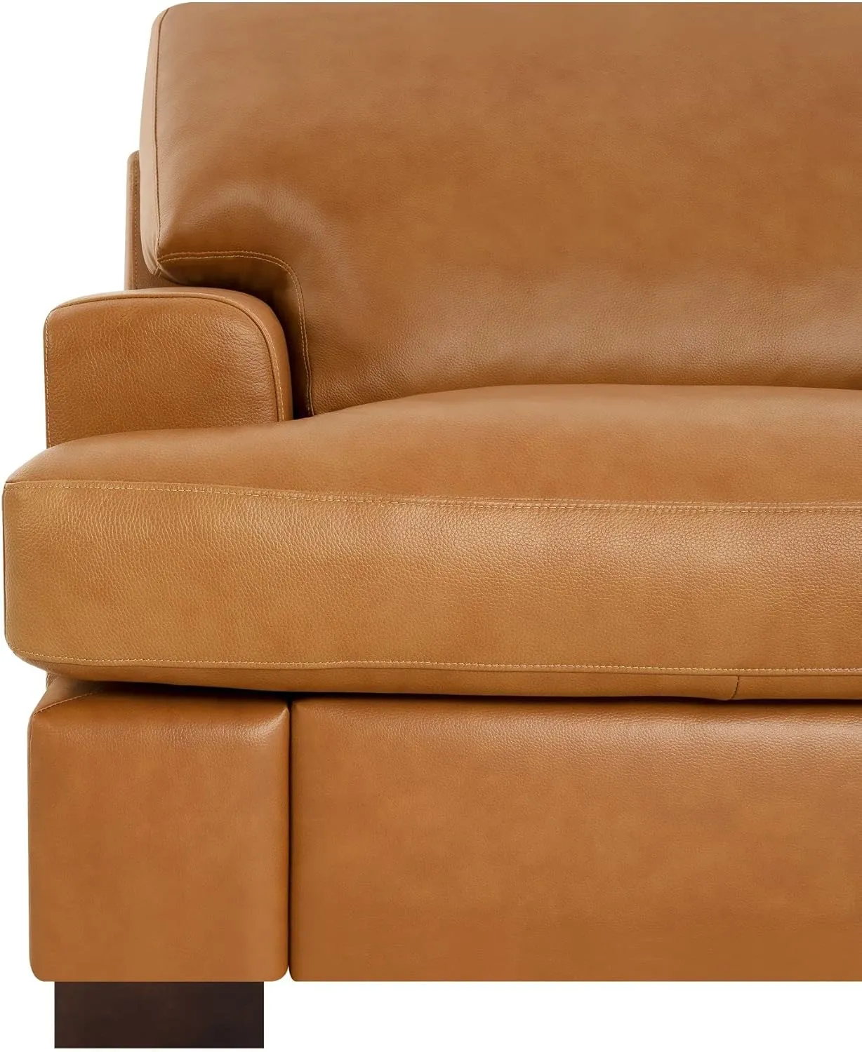 Naomi Home Siggy Genuine Leather Accent Chair - Luxurious Comfort, Goose Feather Cushion Filling, Square Arm Design, Sturdy Block Legs, Elegant Tan - Ideal for Living Room, Office, or Bedroom