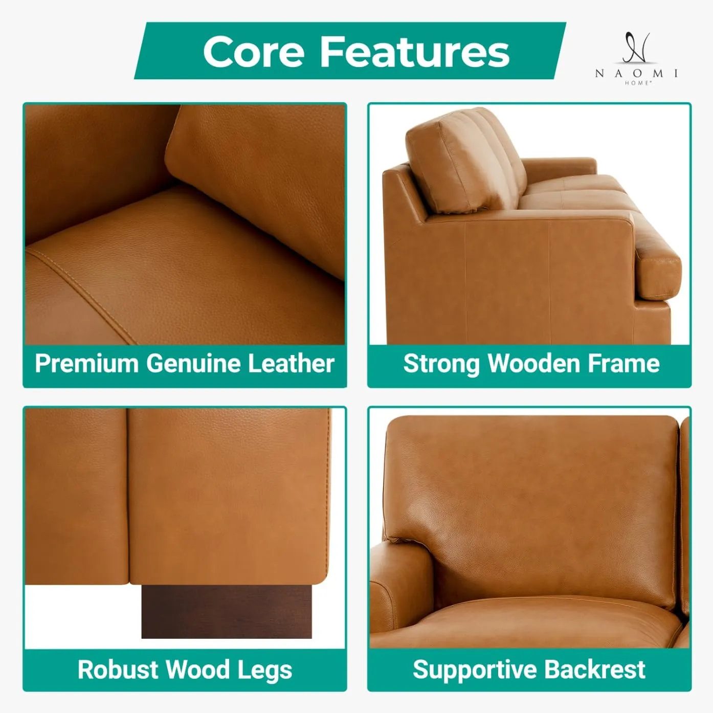 Naomi Home Siggy Genuine Leather Sofa - Luxurious Comfort, Goose Feather Cushion Filling, Square Arm Design, Sturdy Block Legs, Elegant Tan - Ideal for Living Room, Office, or Bedroom
