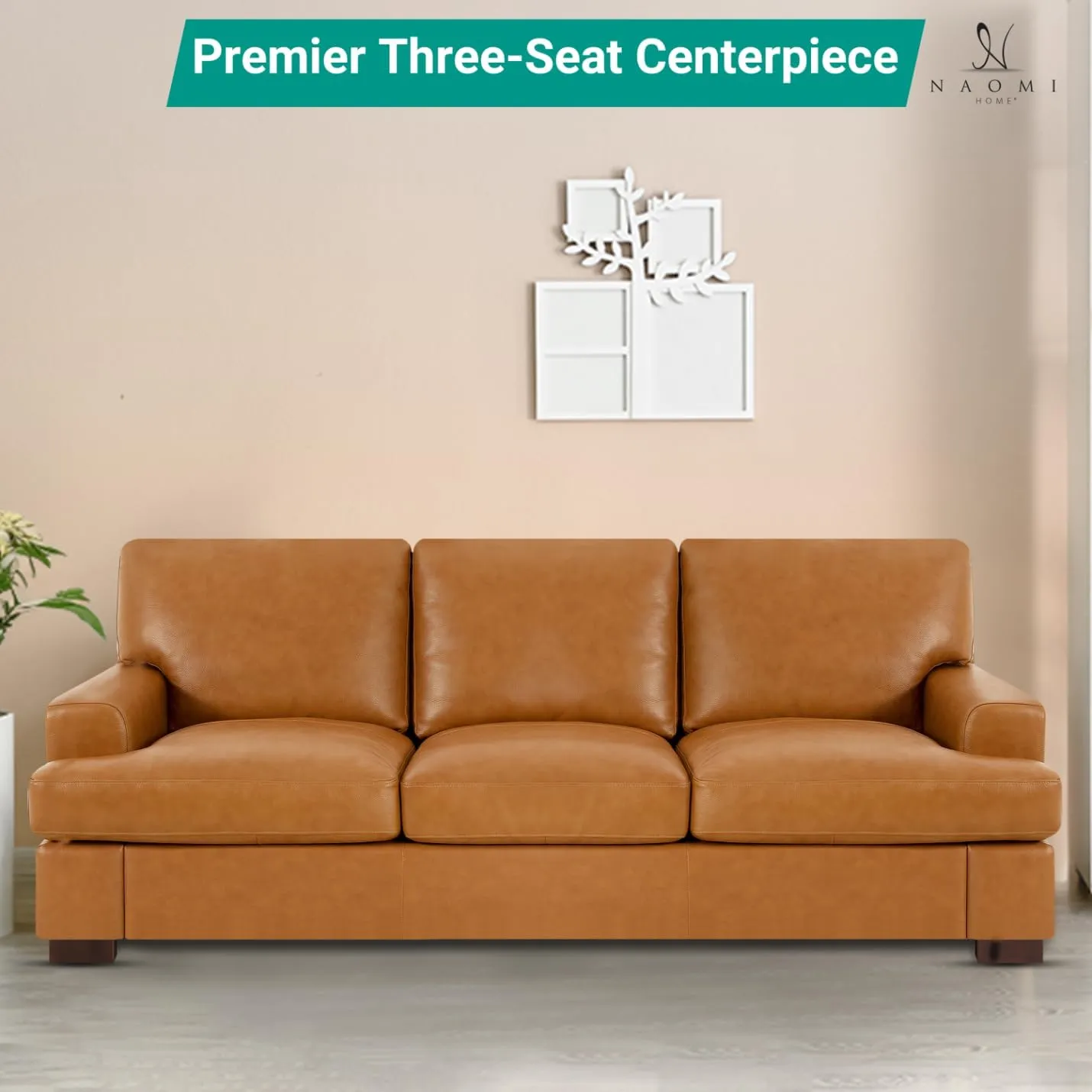 Naomi Home Siggy Genuine Leather Sofa - Luxurious Comfort, Goose Feather Cushion Filling, Square Arm Design, Sturdy Block Legs, Elegant Tan - Ideal for Living Room, Office, or Bedroom