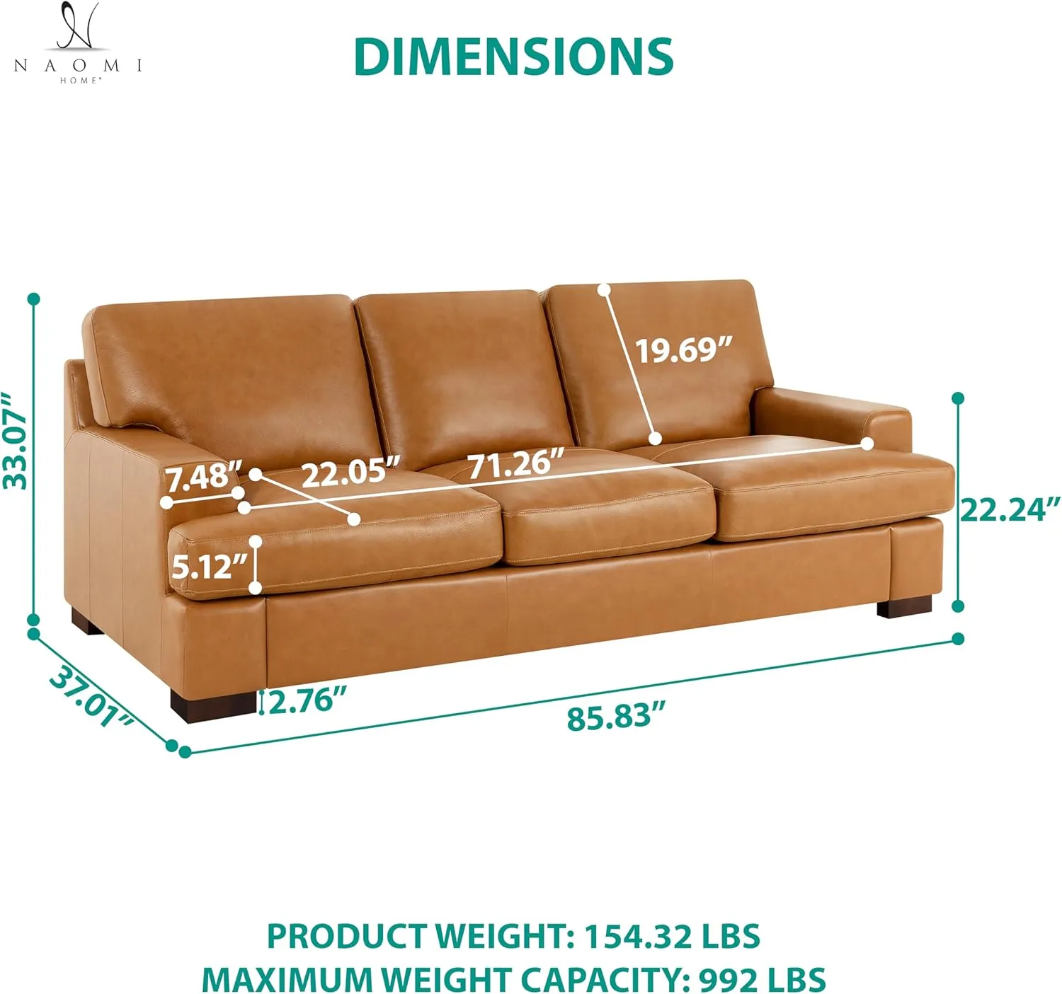 Naomi Home Siggy Genuine Leather Sofa - Luxurious Comfort, Goose Feather Cushion Filling, Square Arm Design, Sturdy Block Legs, Elegant Tan - Ideal for Living Room, Office, or Bedroom