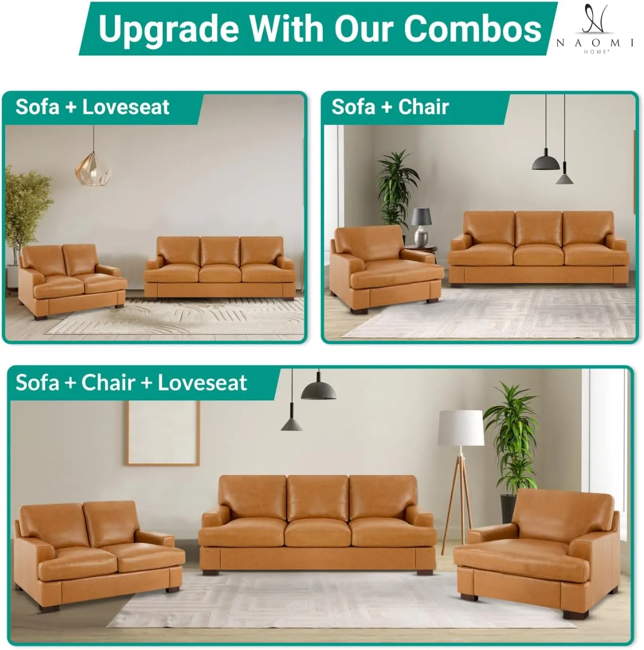 Naomi Home Siggy Genuine Leather Sofa - Luxurious Comfort, Goose Feather Cushion Filling, Square Arm Design, Sturdy Block Legs, Elegant Tan - Ideal for Living Room, Office, or Bedroom