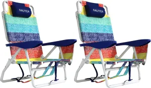 Nautica - Beach Chair Set, Five Position Backpack Chair, Portable & Adjustable with Padded Pillow and Cup Holders, and Attached Insulated Cooler Bag, Set of 2 (Dotty Palm Rainbow)