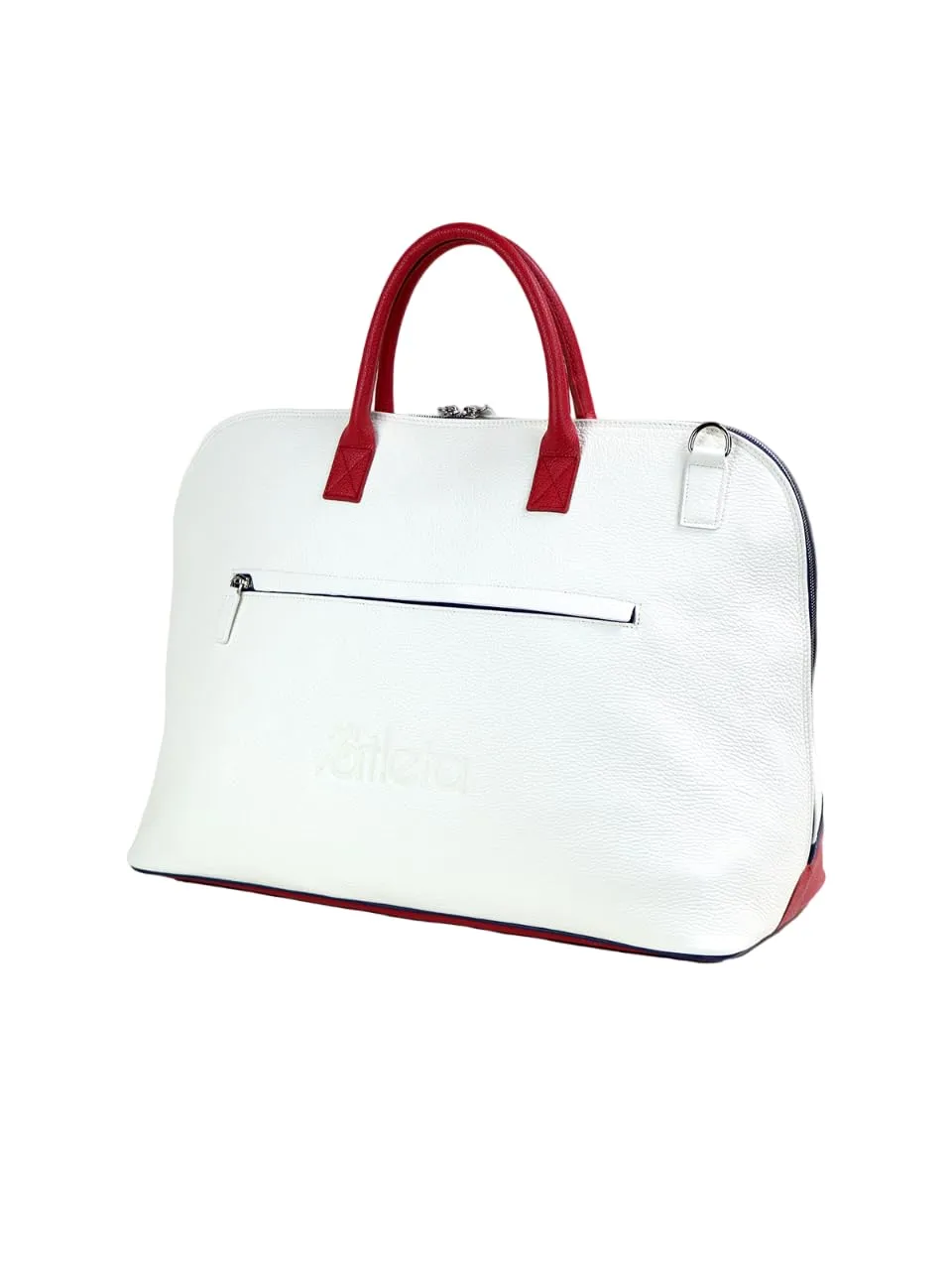 Nautical Bag Duffle Bag | Handmade to Order in Italy, Soft Pebble-Grain Waterproof Leather | Travel Sporty Duffel Bag Shoulder Strap Included | Elegant Luxury Travel Handbag (White/Red/Blue)