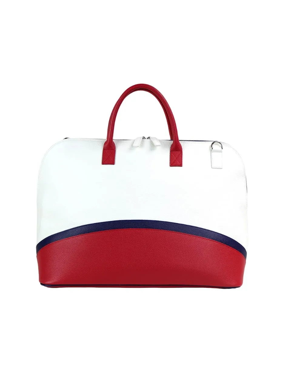 Nautical Bag Duffle Bag | Handmade to Order in Italy, Soft Pebble-Grain Waterproof Leather | Travel Sporty Duffel Bag Shoulder Strap Included | Elegant Luxury Travel Handbag (White/Red/Blue)
