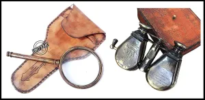 Nautical Handheld Antique Brass Magnifying Glass in Leather Case & Victorian R&J Brass Binocular Scope Decor Gift in Leather Case