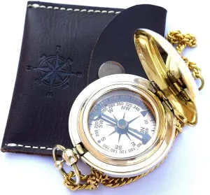 Nautical Vintage Solid Brass Compass with Black Leather Case – Classic Maritime Navigation Tool, Antique-Inspired Collectible Compass for Outdoor Adventures, Hiking, and Nautical Decor