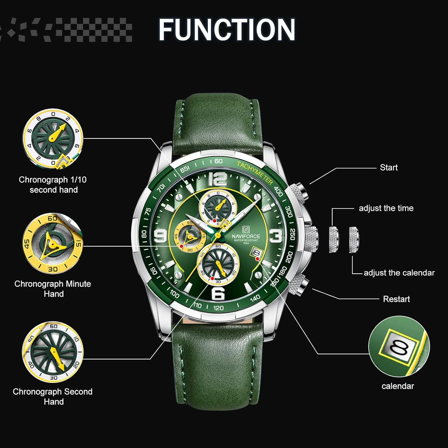 NAVIFORCE Sport Watches for Men Analog Quartz Chronograph Leather Strap Wrist Watch