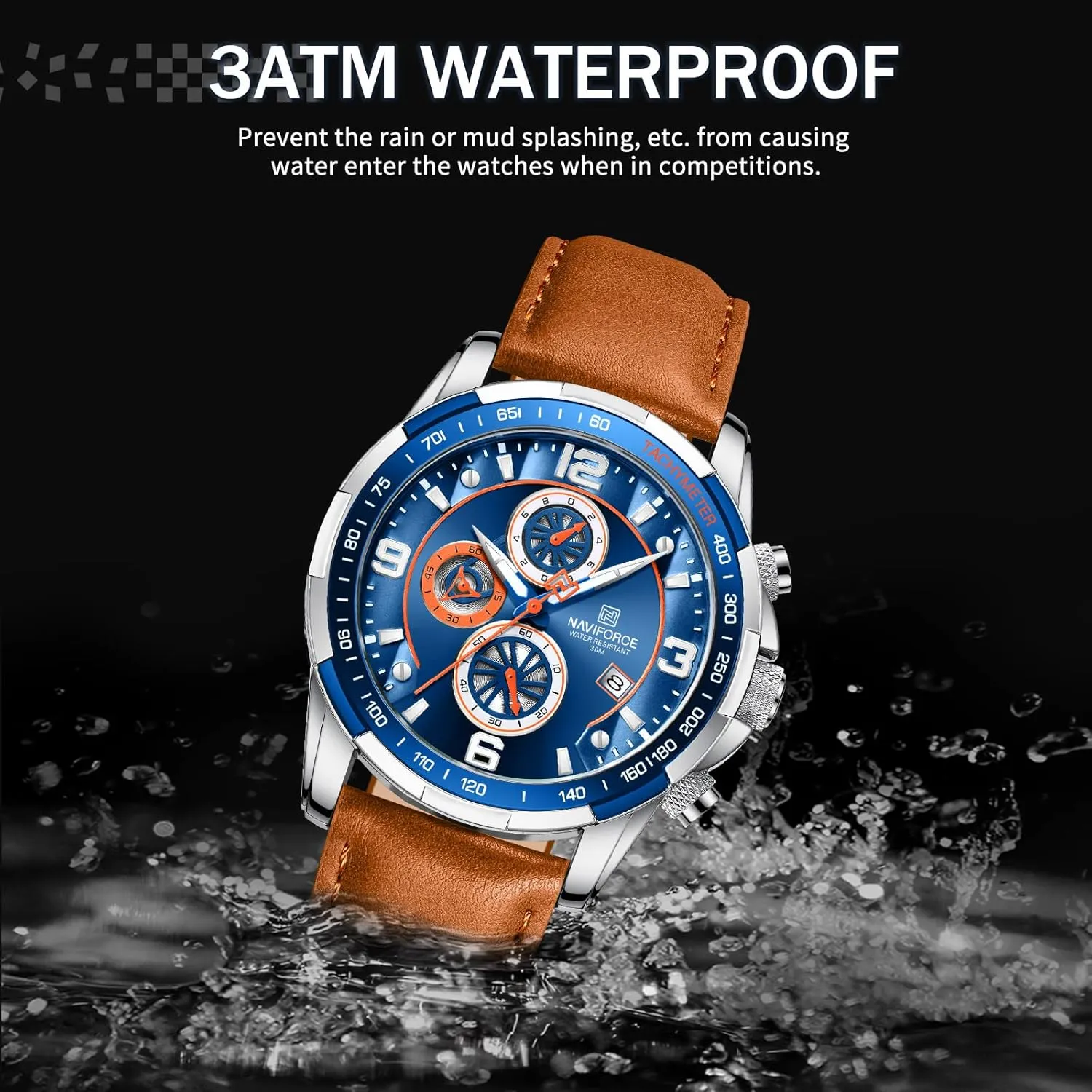 NAVIFORCE Sport Watches for Men Analog Quartz Chronograph Leather Strap Wrist Watch