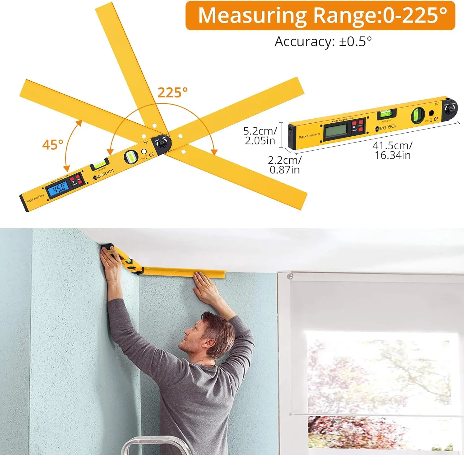 Neoteck 225° 16 inch Digital Angle Finder Aluminum Protractor with LCD Backlight Digital Angle Measuring Tool with Horizontal and Vertical Bubble for Woodworking, Construction, Machinery - Golden