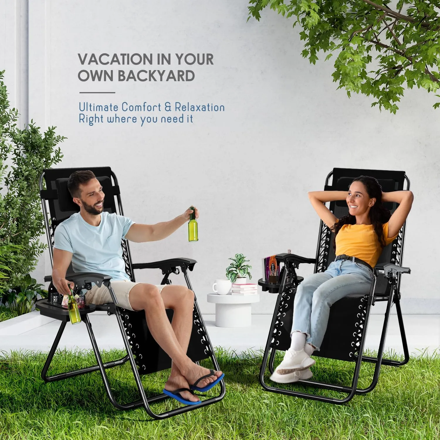 Nestl Zero Gravity Chairs Set of 2, Patio Lounge Chair Outdoor with Pillows & Cup Holder Trays, Adjustable Steel Mesh Reclining Camping Chair, Folding Patio Lawn Chair for Deck, Beach, Yard - Black