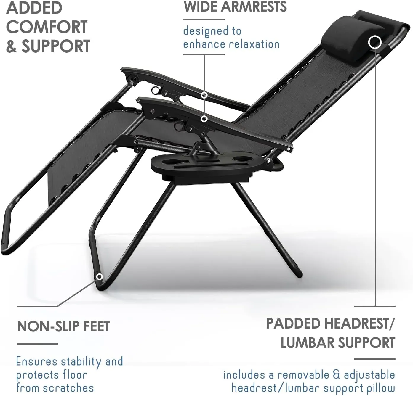 Nestl Zero Gravity Chairs Set of 2, Patio Lounge Chair Outdoor with Pillows & Cup Holder Trays, Adjustable Steel Mesh Reclining Camping Chair, Folding Patio Lawn Chair for Deck, Beach, Yard - Black