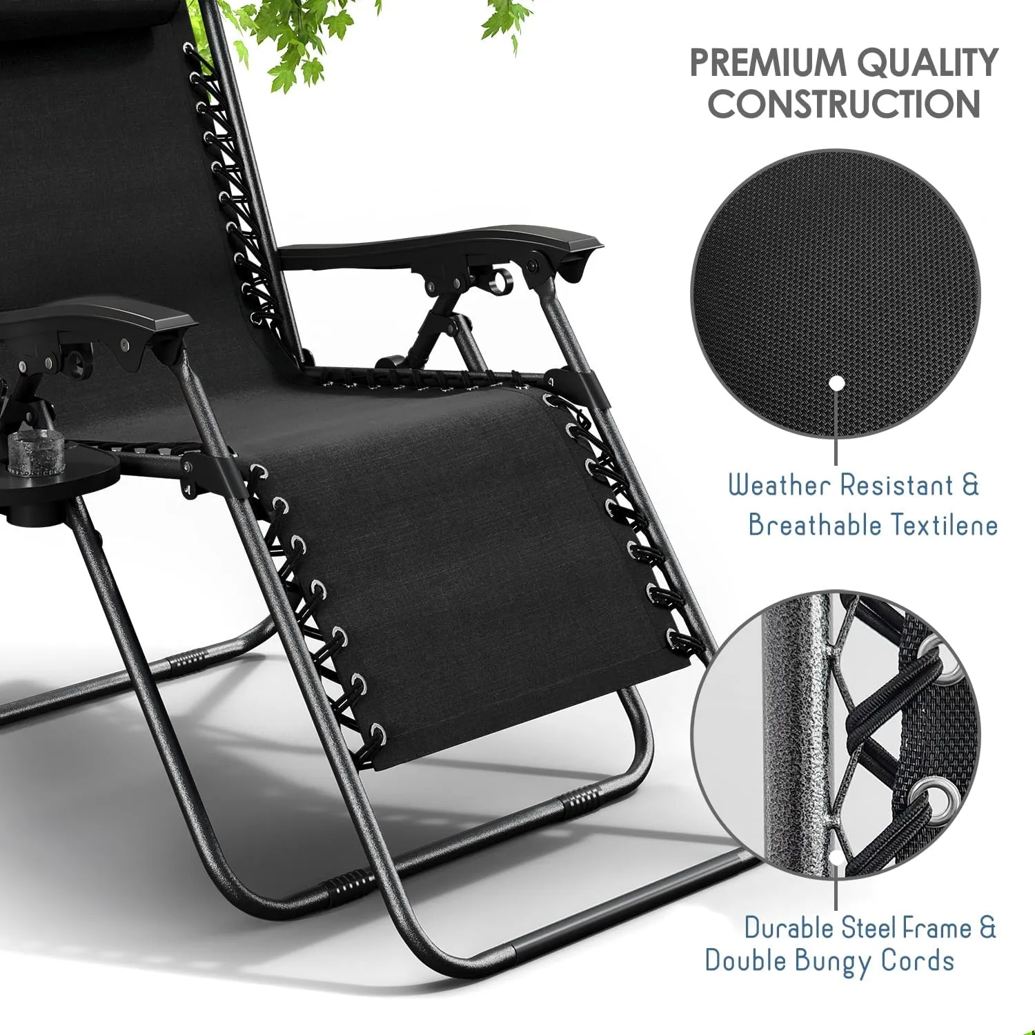 Nestl Zero Gravity Chairs Set of 2, Patio Lounge Chair Outdoor with Pillows & Cup Holder Trays, Adjustable Steel Mesh Reclining Camping Chair, Folding Patio Lawn Chair for Deck, Beach, Yard - Black