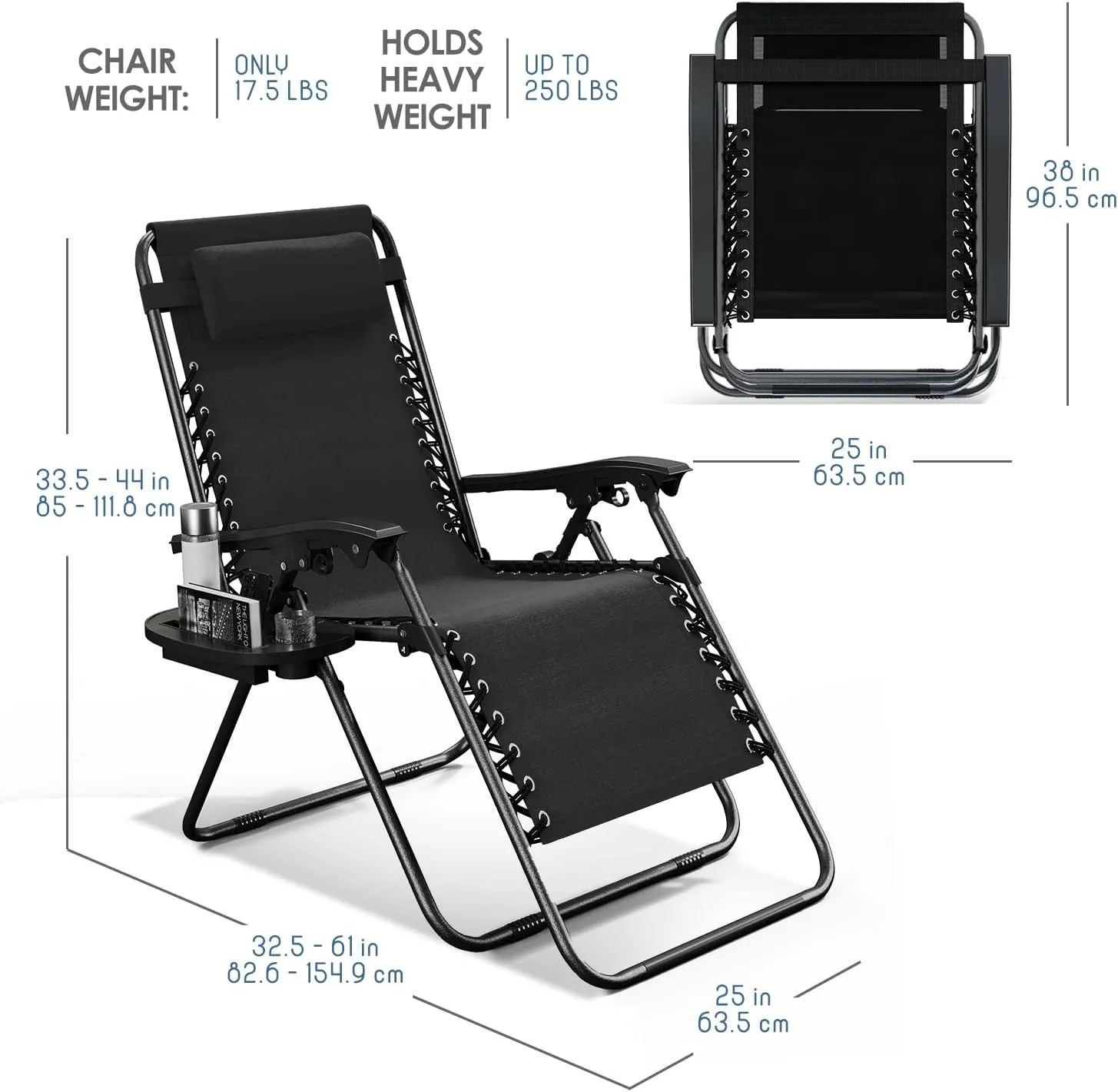 Nestl Zero Gravity Chairs Set of 2, Patio Lounge Chair Outdoor with Pillows & Cup Holder Trays, Adjustable Steel Mesh Reclining Camping Chair, Folding Patio Lawn Chair for Deck, Beach, Yard - Black