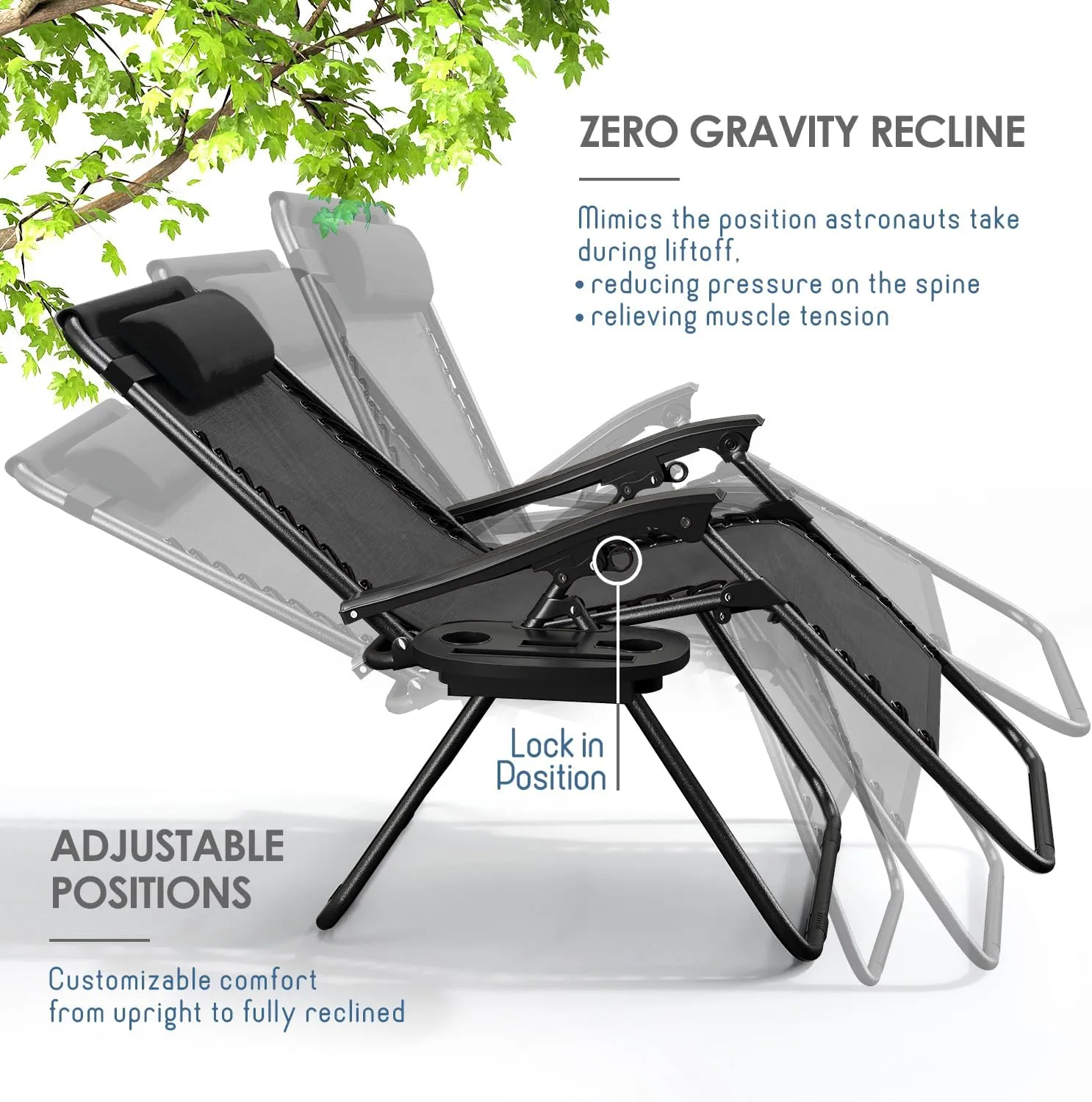 Nestl Zero Gravity Chairs Set of 2, Patio Lounge Chair Outdoor with Pillows & Cup Holder Trays, Adjustable Steel Mesh Reclining Camping Chair, Folding Patio Lawn Chair for Deck, Beach, Yard - Black